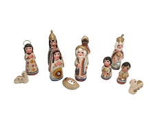 Mexican Nativity Set of 11 Figures Folk Art Hand Painted Clay Orange & Blue Vtg picture