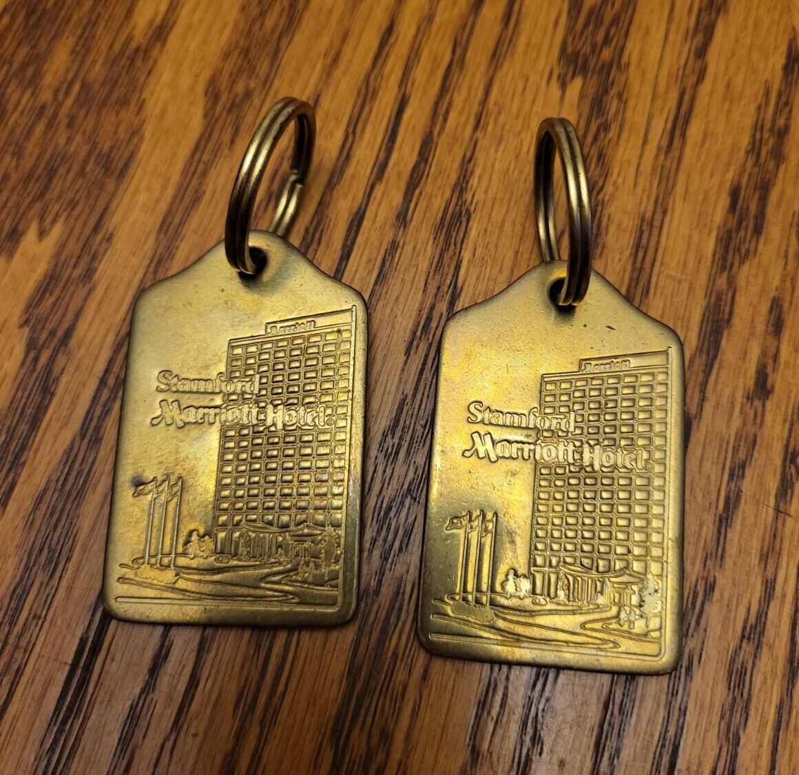2 Vintage Stamford Marriot Hotel Keychain Key Fob Rare Connecticut Brass Fobs