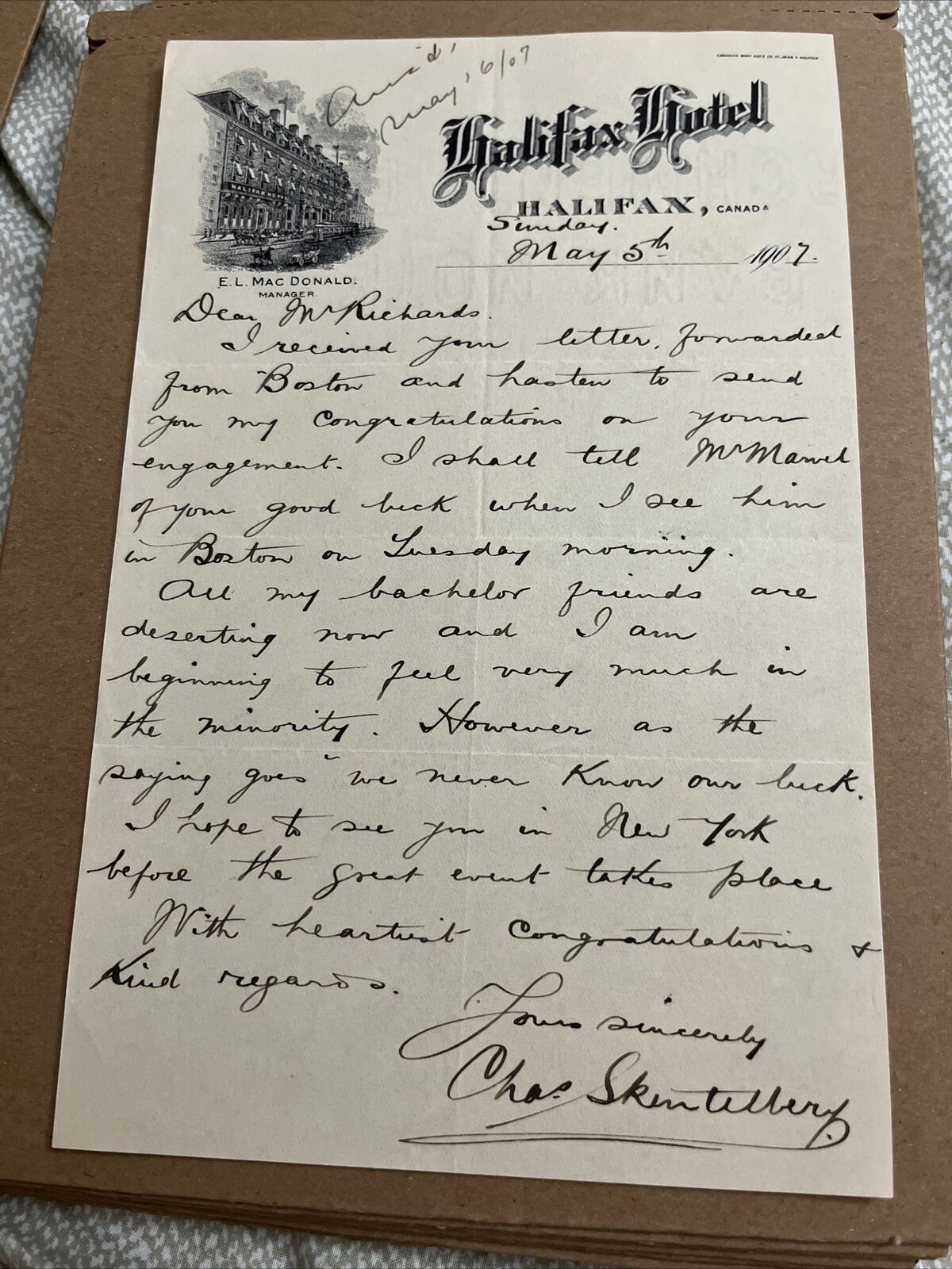 Antique 1907 Letter Halifax Hotel Letterhead Canada History: Engagement Congrats