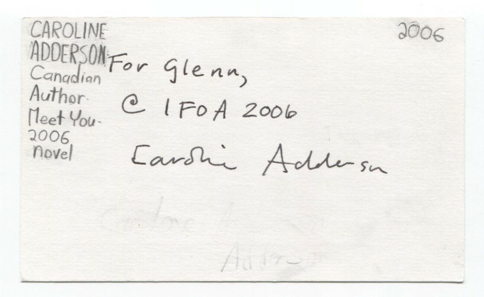 Caroline Adderson Signed 3x5 Index Card Autographed Signature Author Writer
