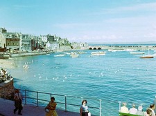 Boats moorings harbour people swimming sea beach St Ives Cornwall - Old Photo picture