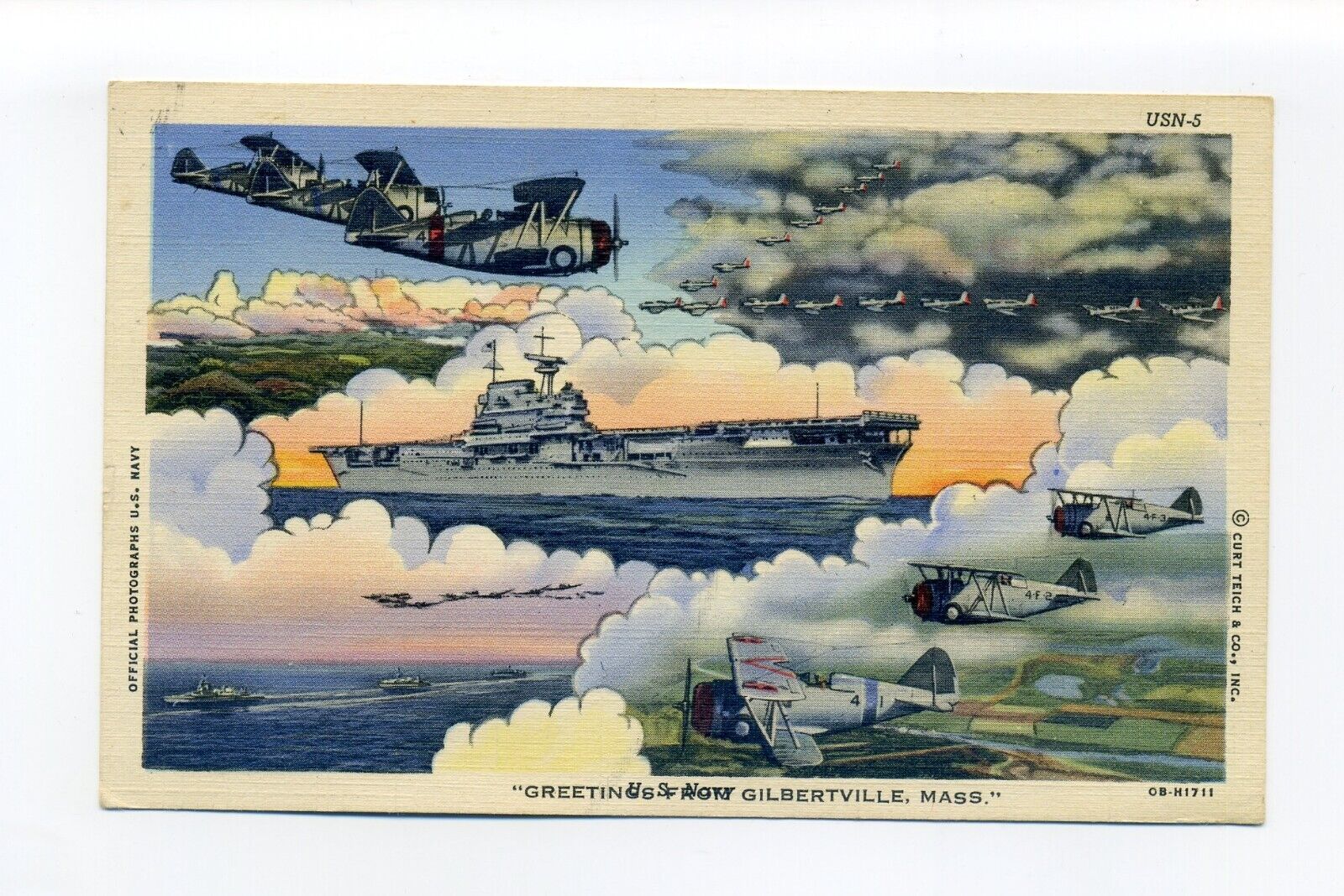 Greetings from Gilbertville Hardwick, MA 1946 postcard, WWII military theme