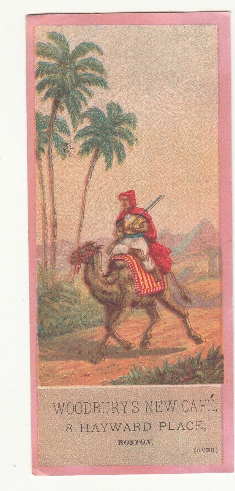 Woodbury\'s Cafe Boston Arab on Camel Restaurant Hotel Boylston Vict Card 1880s