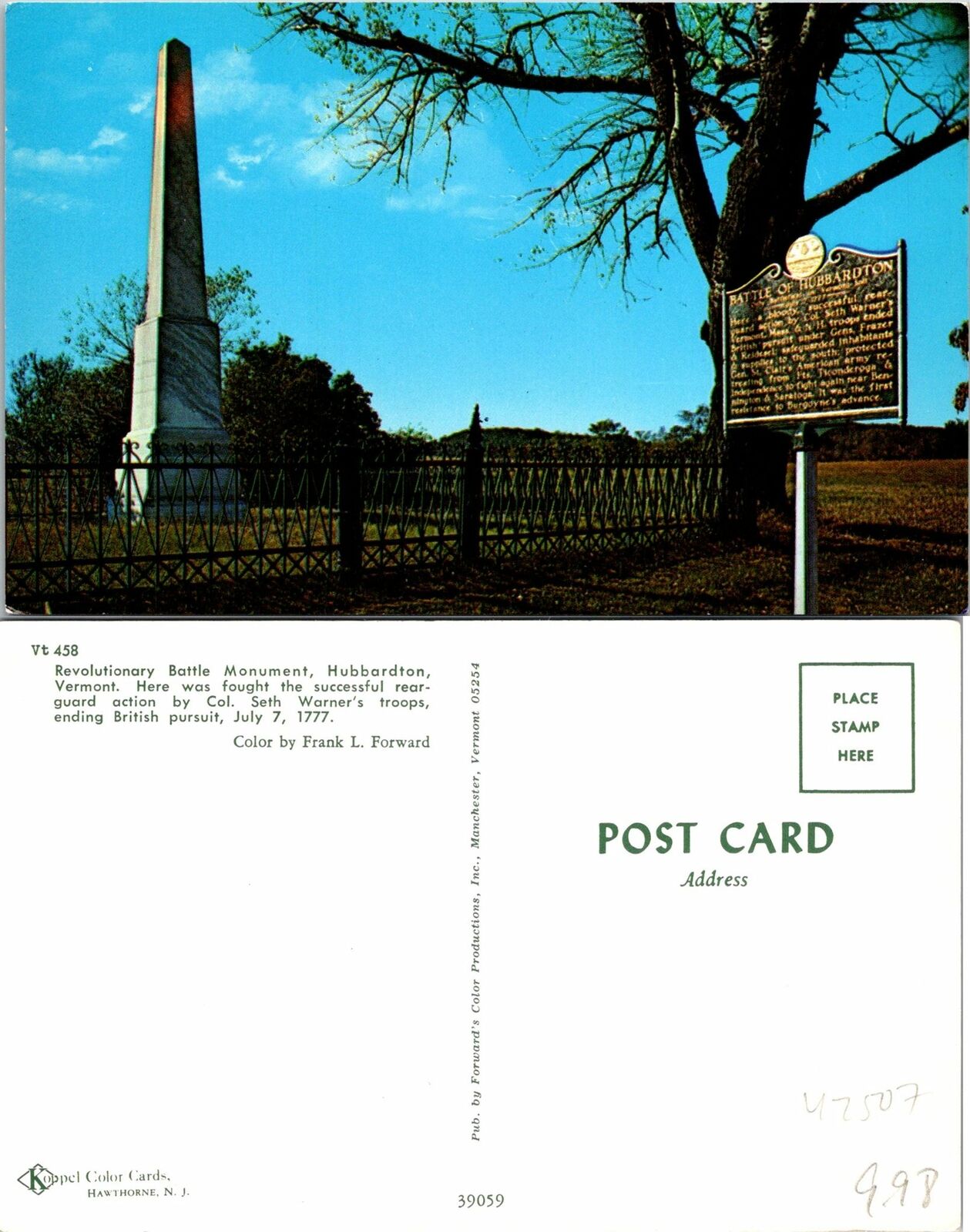 Hubbardton VT Revolutionary Battle Monument Postcard Unused (42507)