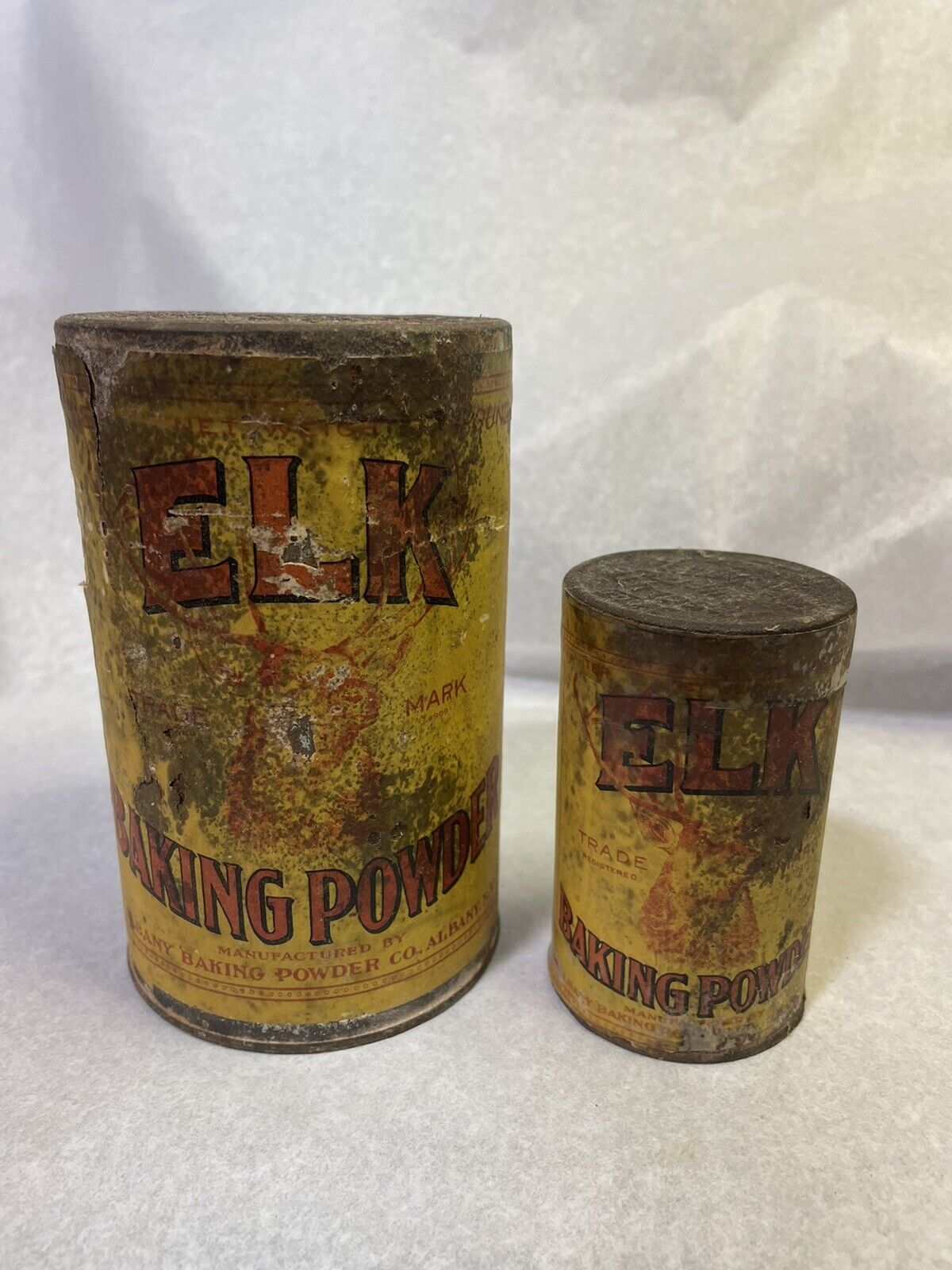 Unopened Elk Baking Powder Tins Rare Set of 2 Antique Albany Baking Powder Co.