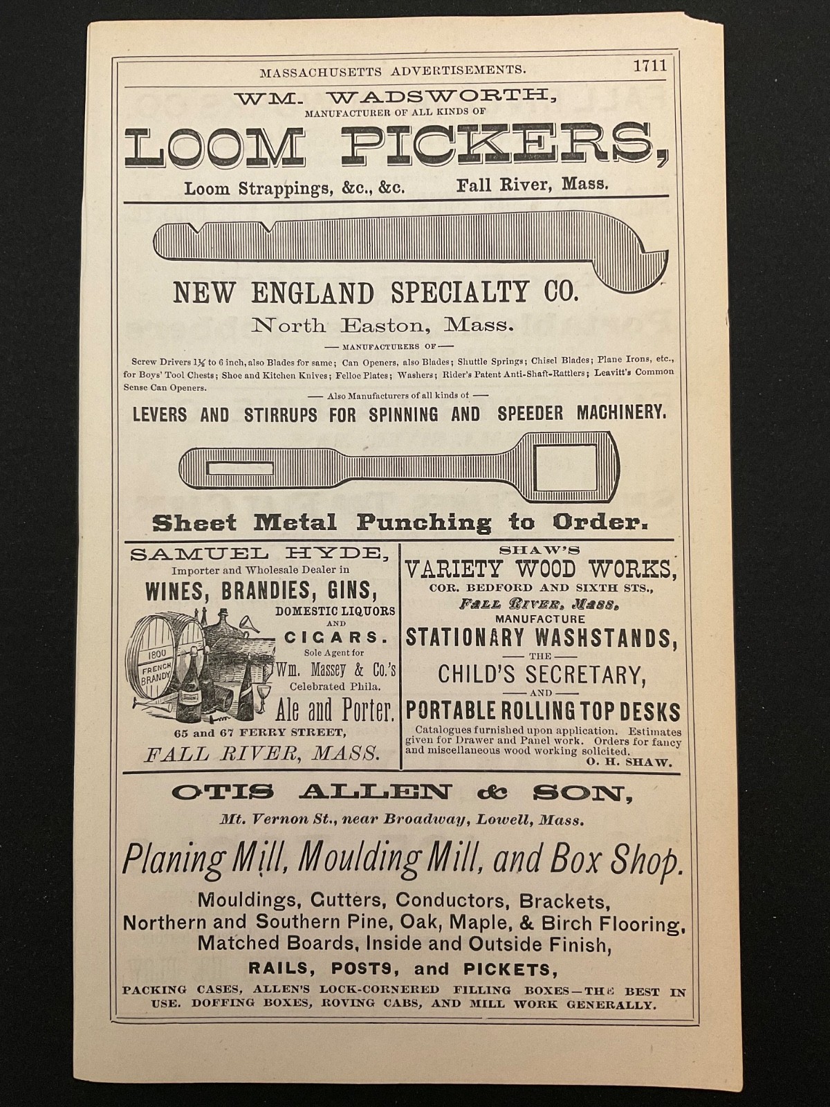 1883 Antique Ad Page Samuel Hyde Wines Brandies Gins and Cigars, Ice Tools MA
