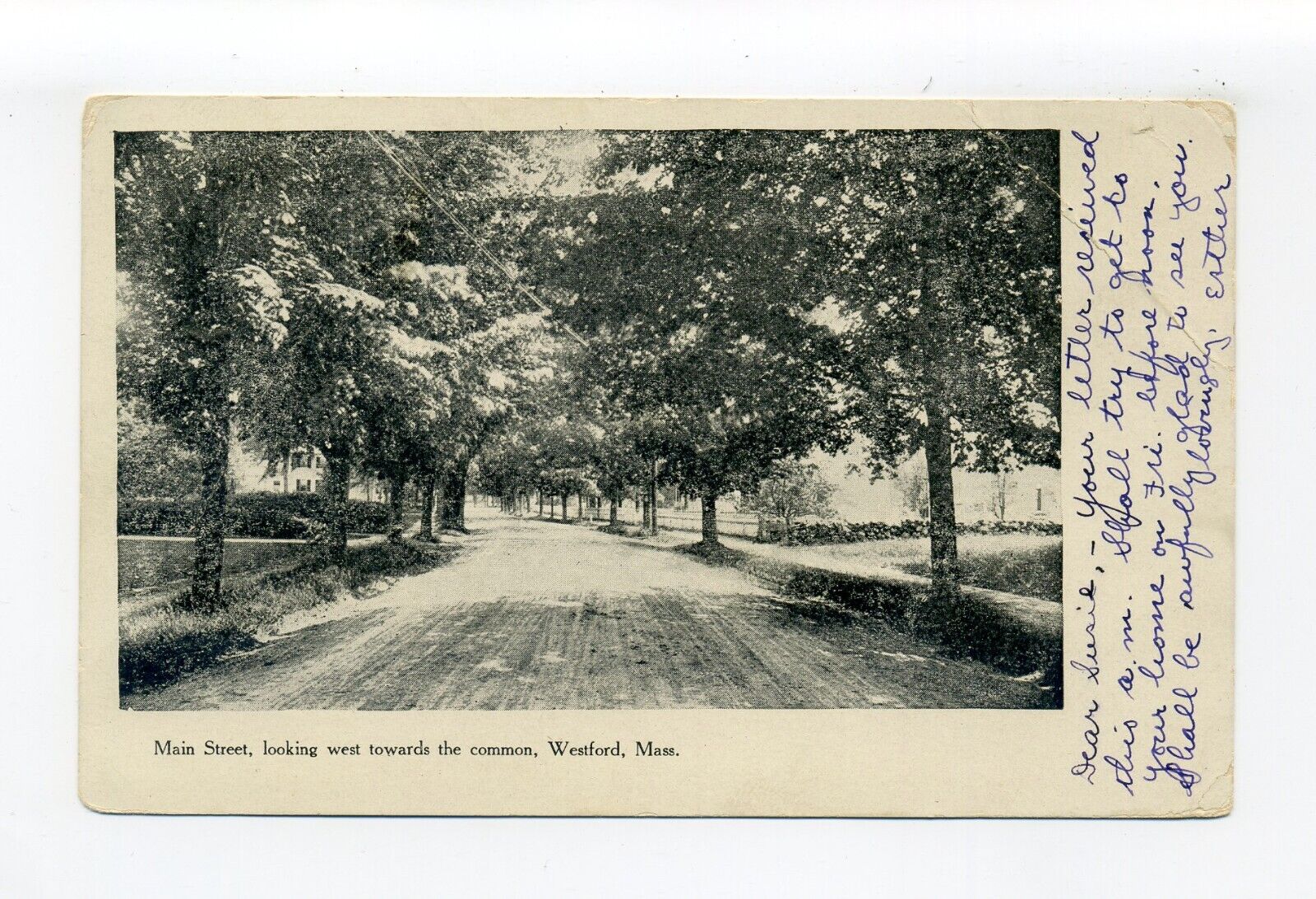 Westford MA 1909 postcard, Main Street looking west, dirt road and common