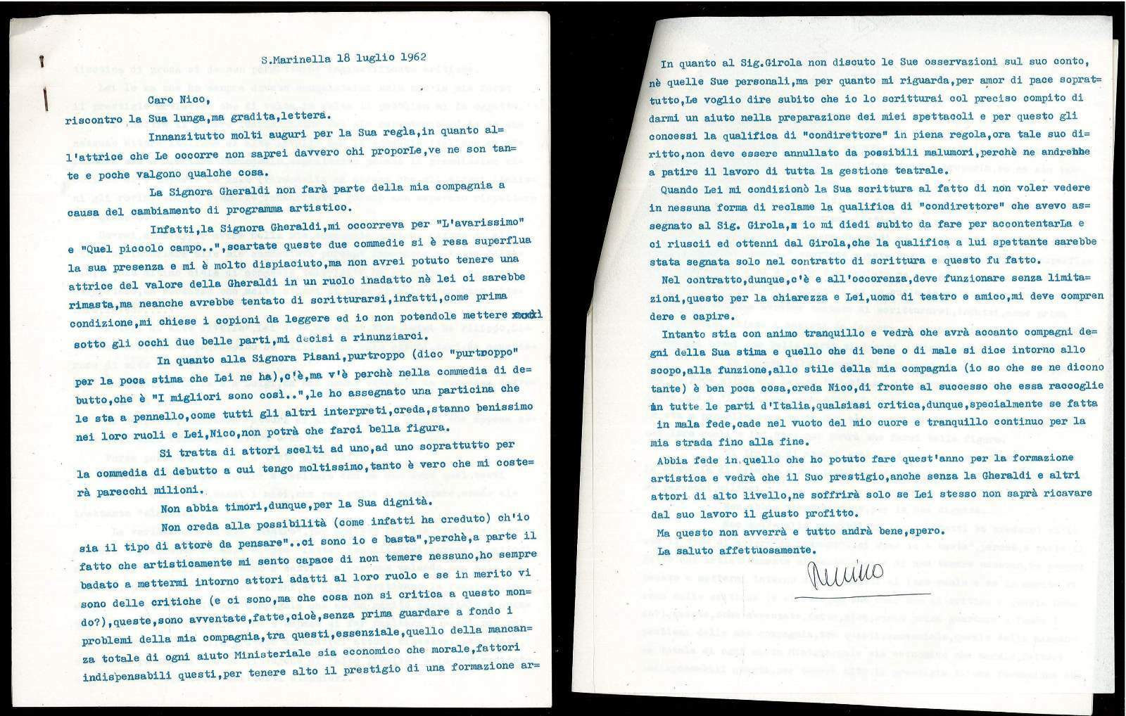 Letter Signed By Peppino De Philip IN Nico Pepper 1962 Santa Marinella Theatre