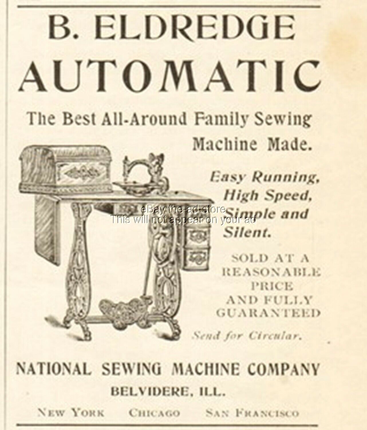 1901 National Sewing Machine Co Belvidere IL B Eldridge Automatic Vintage Ad