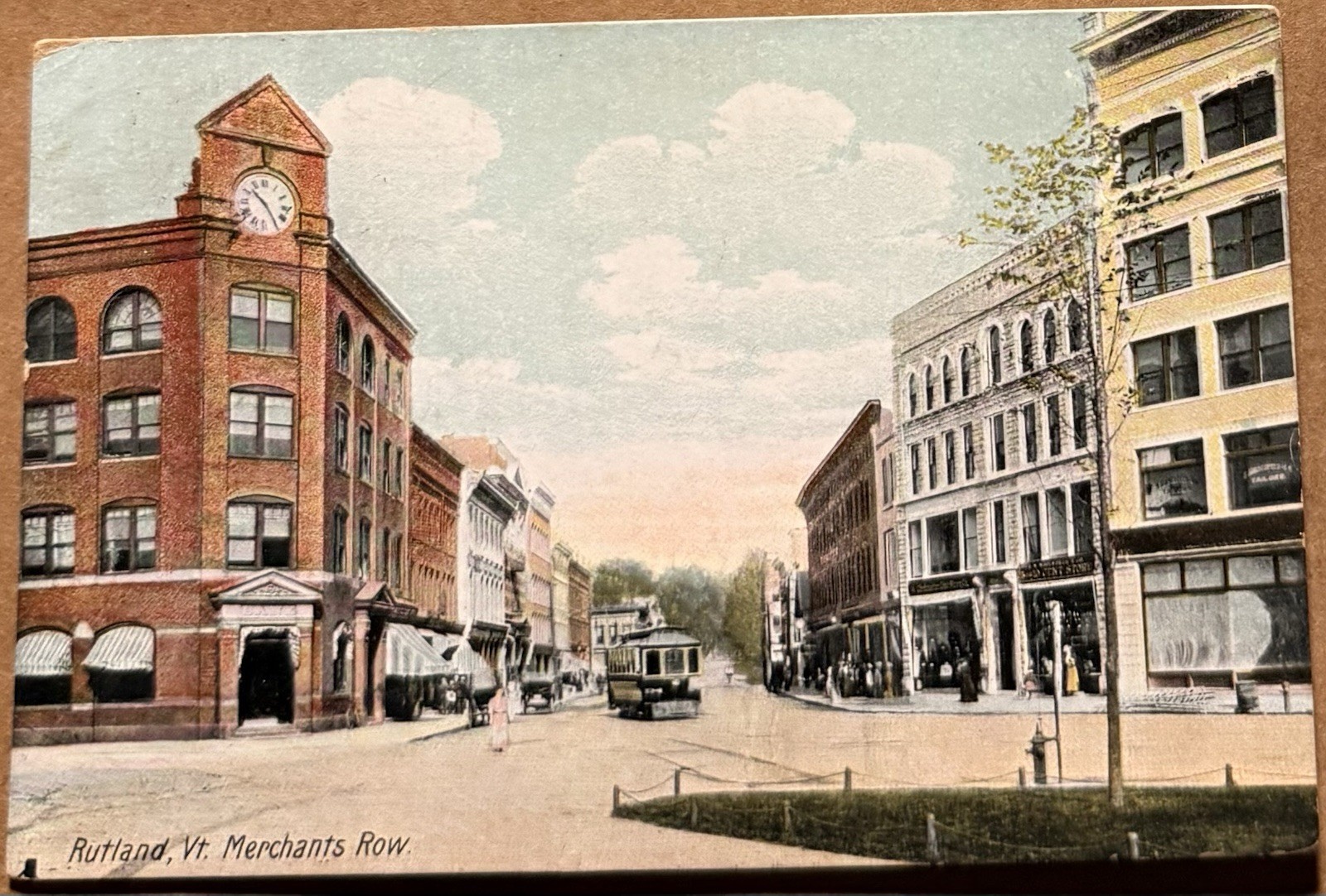 1909 Rutland VT, Merchants Row, Trolley, Rutland Postcard, Postcard