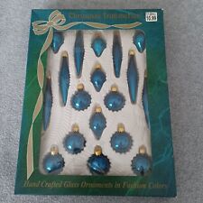 Vintage Bradford Christmas Trimmeries Glass Small Ornaments Peacock Blue Set 18 picture