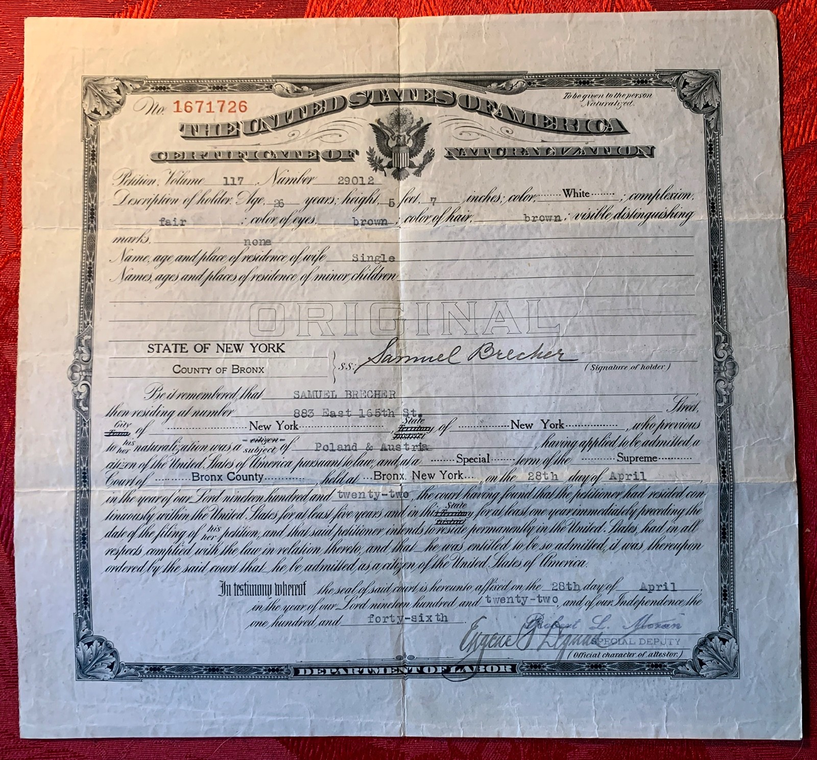 1922 Artist Samuel Brecher Autograph Signature Certificate of Naturalization 1922 Artist Samuel Brecher Autograph Signature Certificate of Naturalization