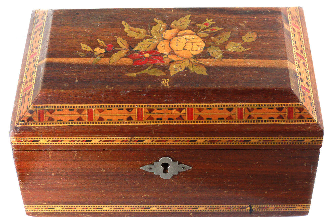 Antique Victorian Oak Tunbridge Floral Inlay Mosaic Boarder Wooden Chest Box