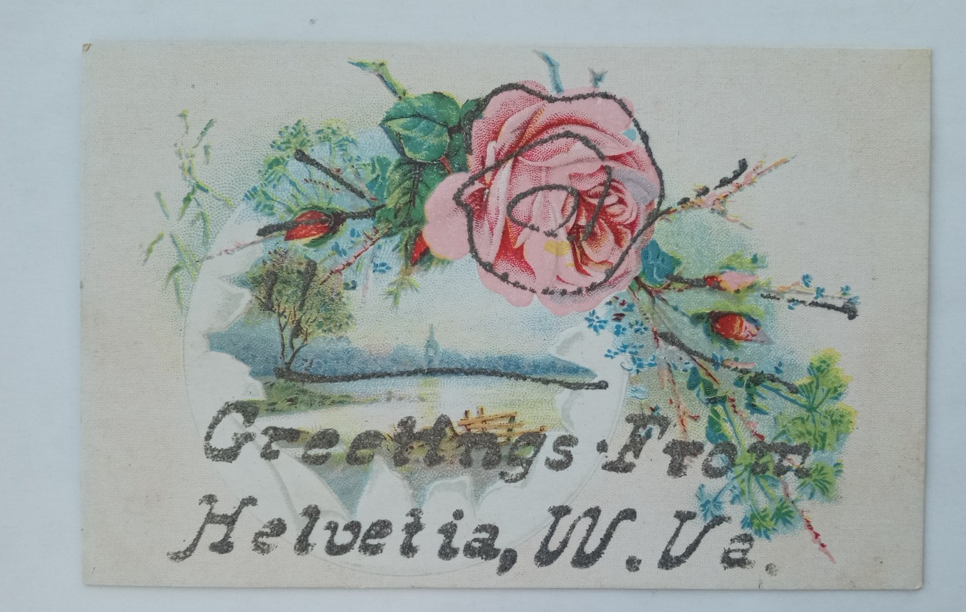 HELVETIA RANDOLPH COUNTY WV GREETINGS FROM POSTCARD ELKINS PICKENS c1908 GLITTER