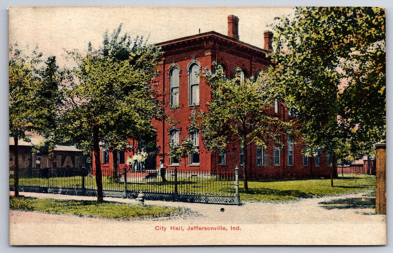 Jeffersonville Indiana~City Hall~Folks @ Door~Grounds Worker on Lawn~c1910 PC