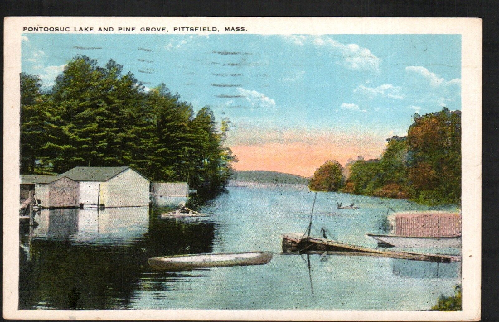 Postcard Canoe Boat House/Dock Pittsfield MASS 1923 cancel Lake Oars