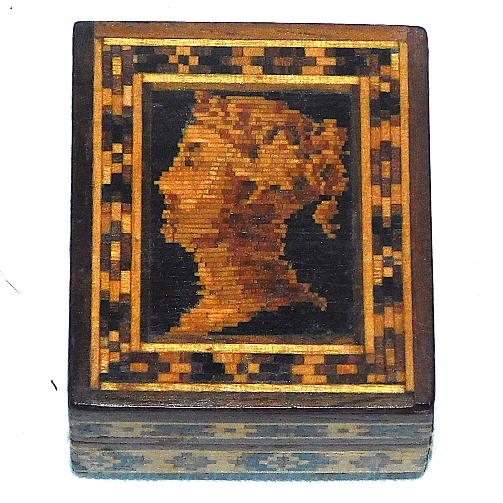 19th Century Tunbridge Ware Stamp Box with a Mosaic Portrait of Queen Victoria 19th Century Tunbridge Ware Stamp Box with a Mosaic Portrait of Queen Victoria