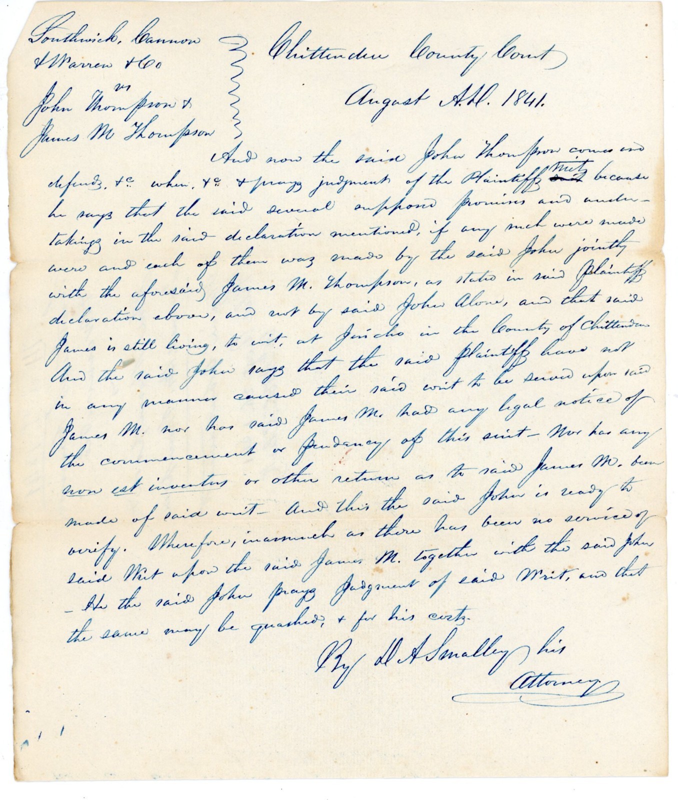 1841 Chittenden County VT Court Document Plea in Abatement Jericho D.A. Smalley