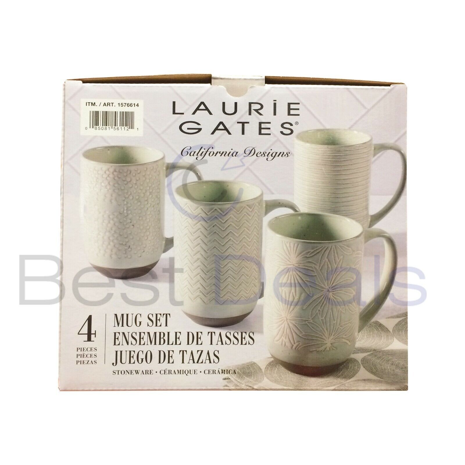 Laurie Gates California Designs Ceramic Mugs Set 4 Pack White Brand NEW