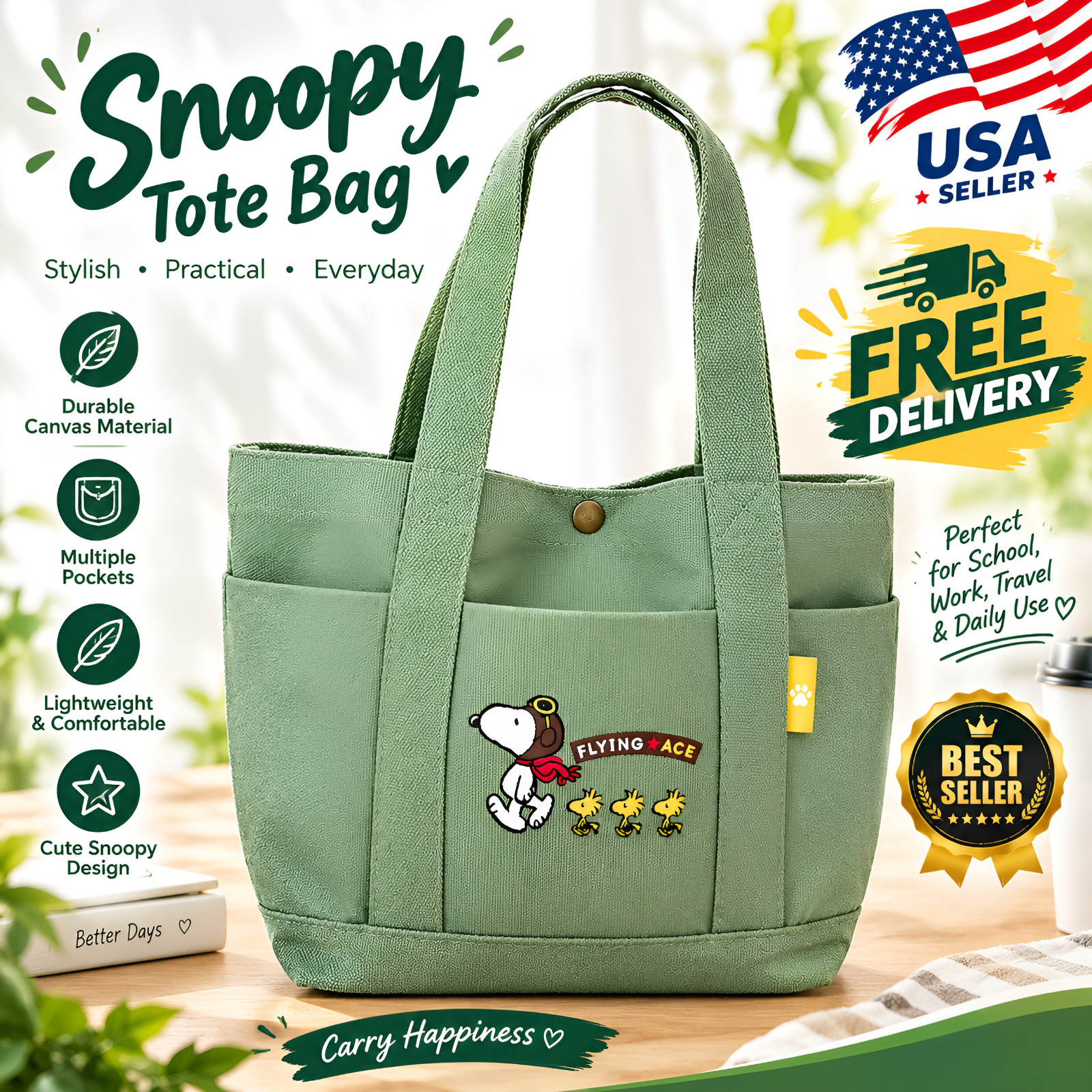 Starbucks Snoopy Tote Bag Shoulder Bag WHITE/GREEN Color