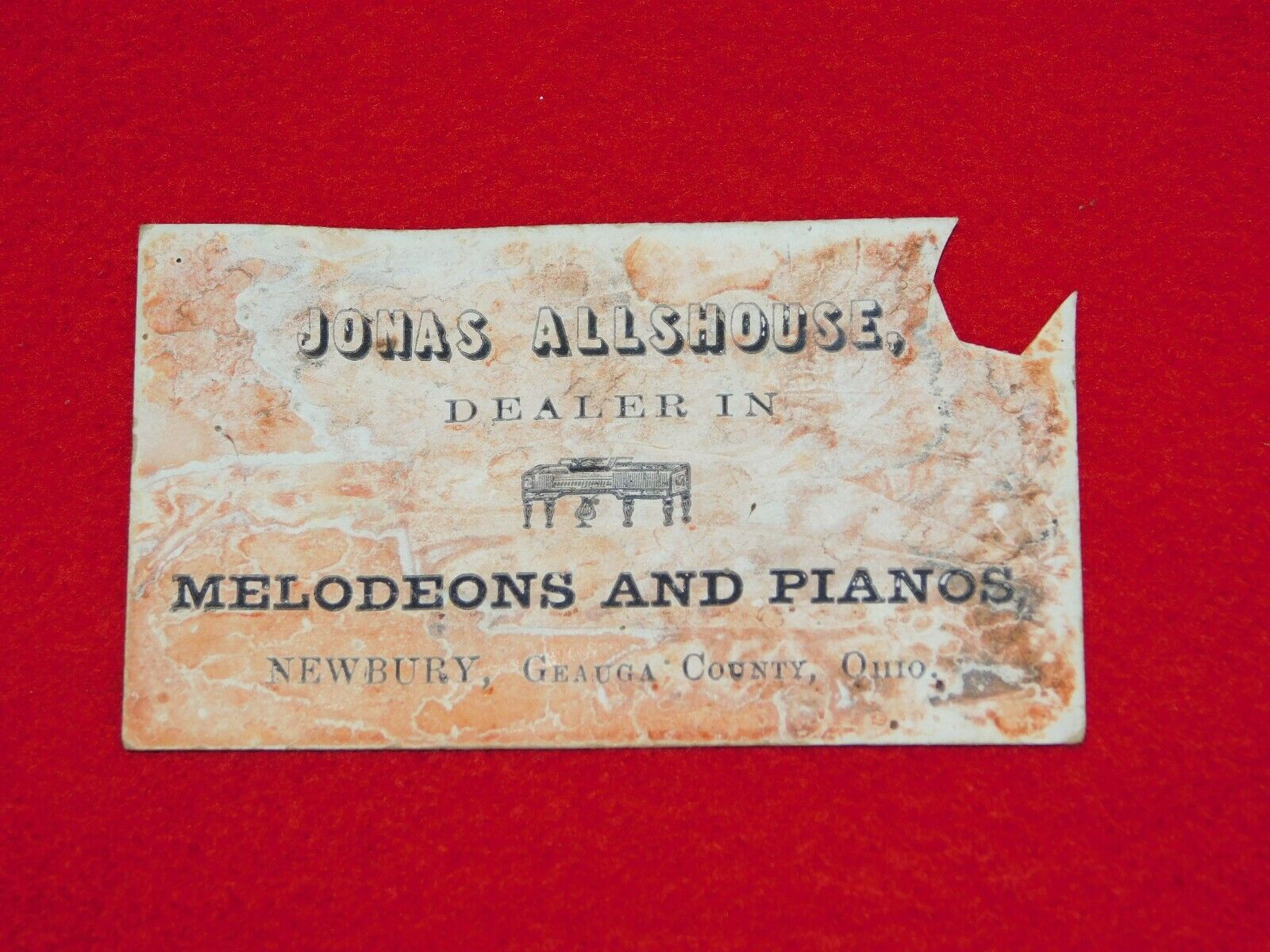VINTAGE JONAS ALLSHOUSE MELODEONS & PIANOS NEWBURY OHIO BUSINESS CARD