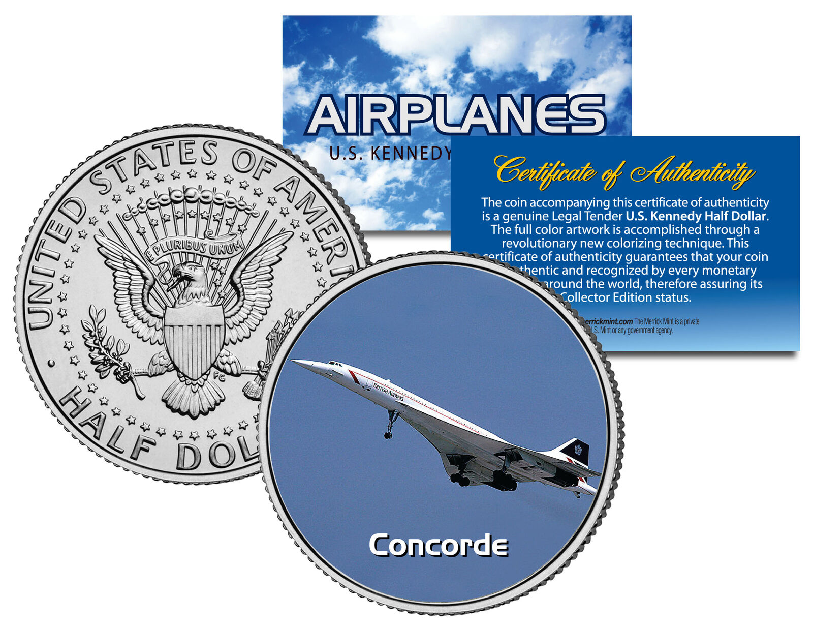 CONCORDE * Airplane Series * JFK Kennedy Half Dollar Colorized US Coin