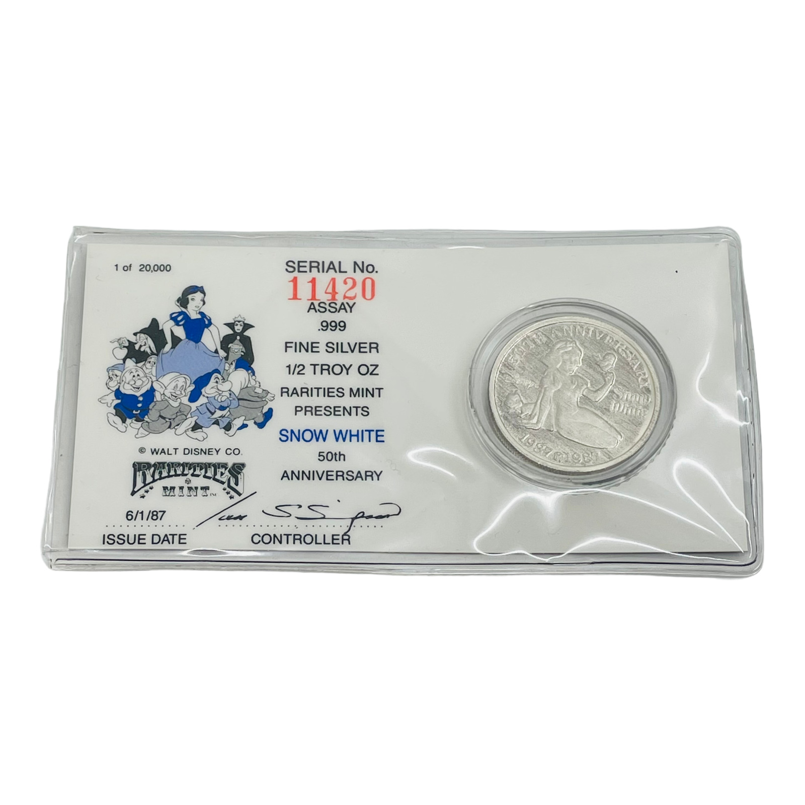 Disney Rarities Mint 50th Anniv. Snow White 1/2 Troy Oz .999 Silver Coin