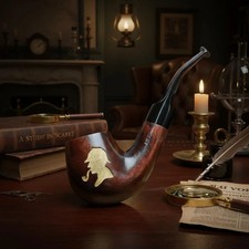 Sherlock Holmes Engraved Tobacco Smoking Pipe Wooden Ukrainian Handmade picture