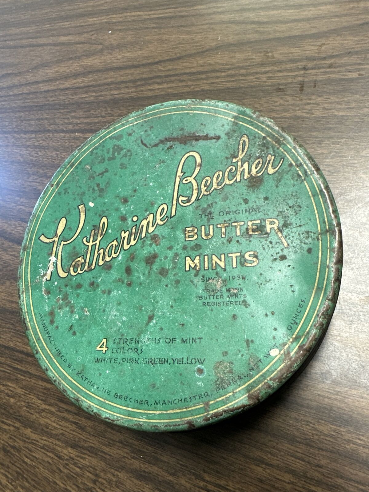 Vintage Katherine Beecher Butter Mints Tin Green and Gold Can Metal