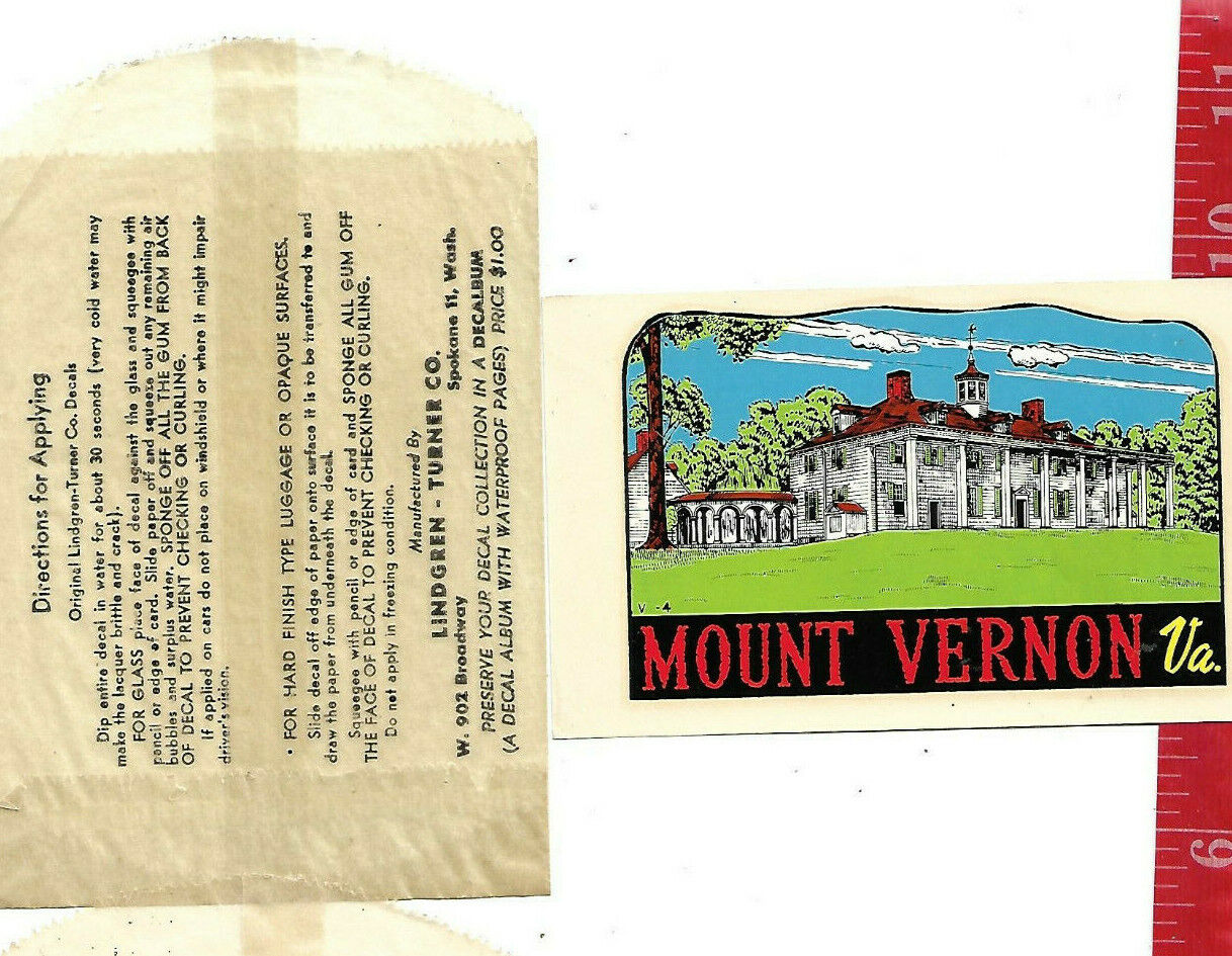 Vintage water decal Mount Vernon Virginia LINDGREN-TURNER