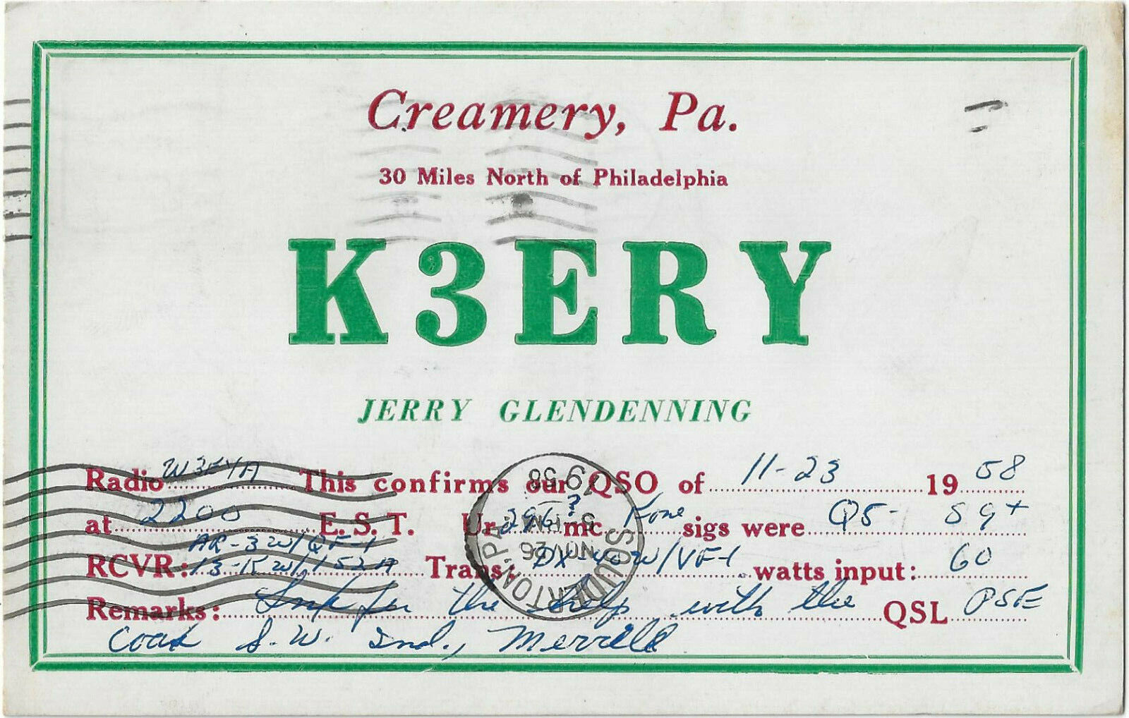 CREAMERY, PA. * AMATURE RADIO STATION K3ERY * 11-23-1958