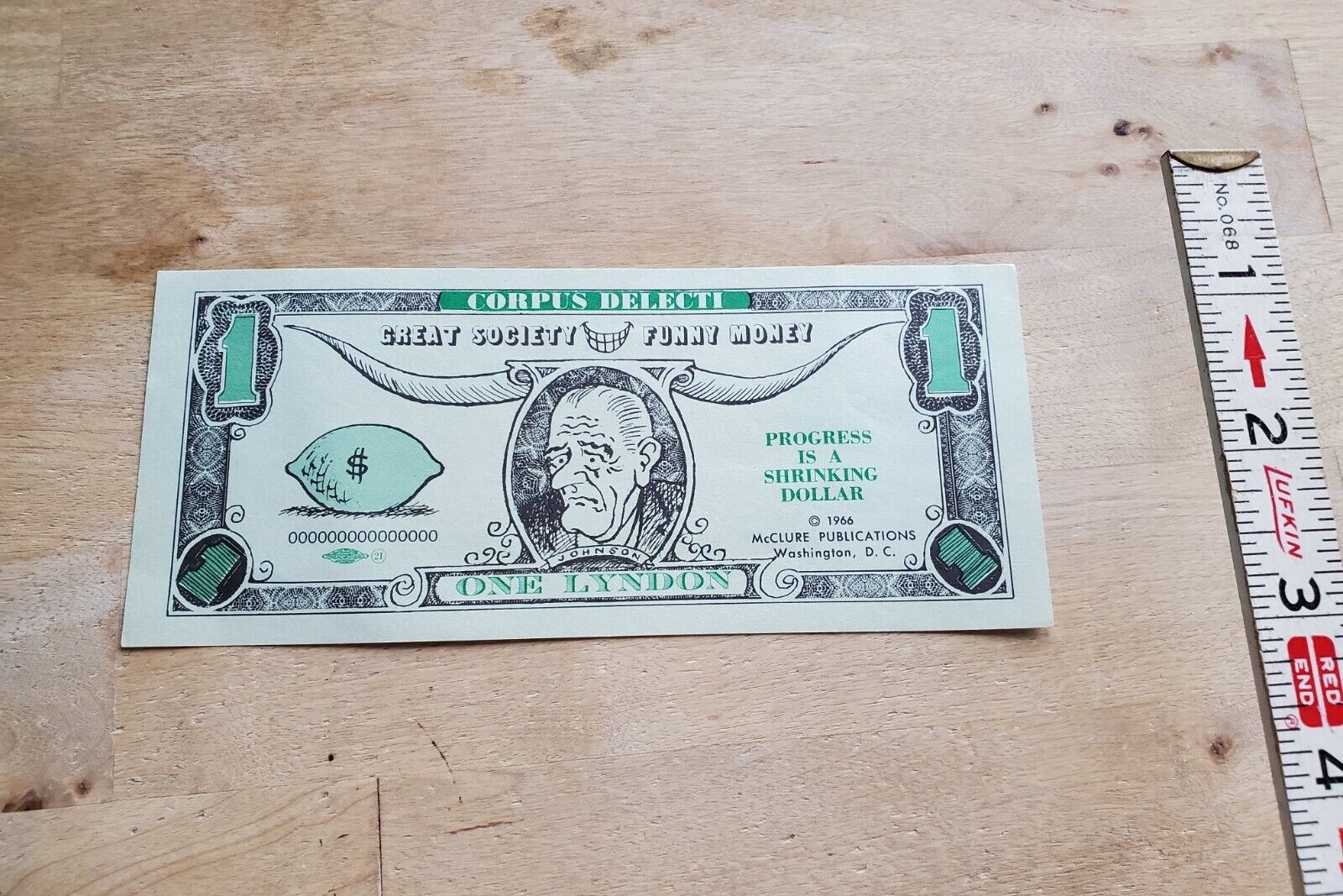ANIT-LYNDON B JOHNSON: $1.00 IN GREAT SOCIETY FUNNY MONEY: MCCLURE PUB.\' 66