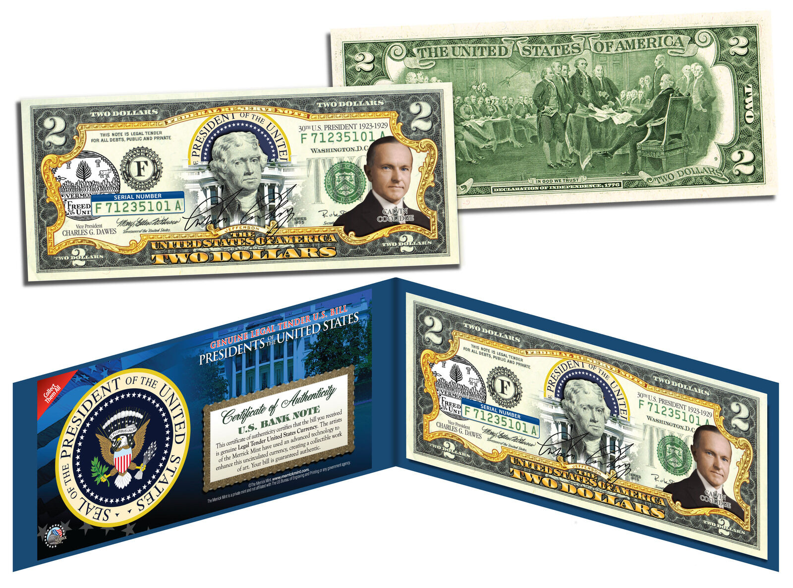 CALVIN COOLIDGE * 30th U.S. President * Colorized $2 Bill - Genuine Legal Tender