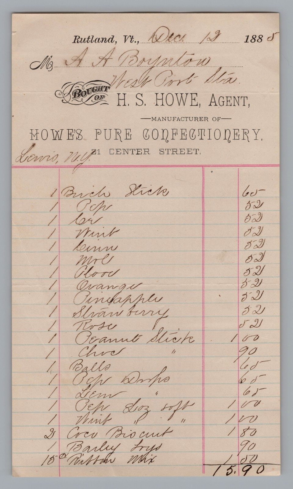 1885 Rutland VT Billhead Receipt H.S. Howe Pure Confectionery Candy Antique 1885 Rutland VT Billhead Receipt H.S. Howe Pure Confectionery Candy Antique