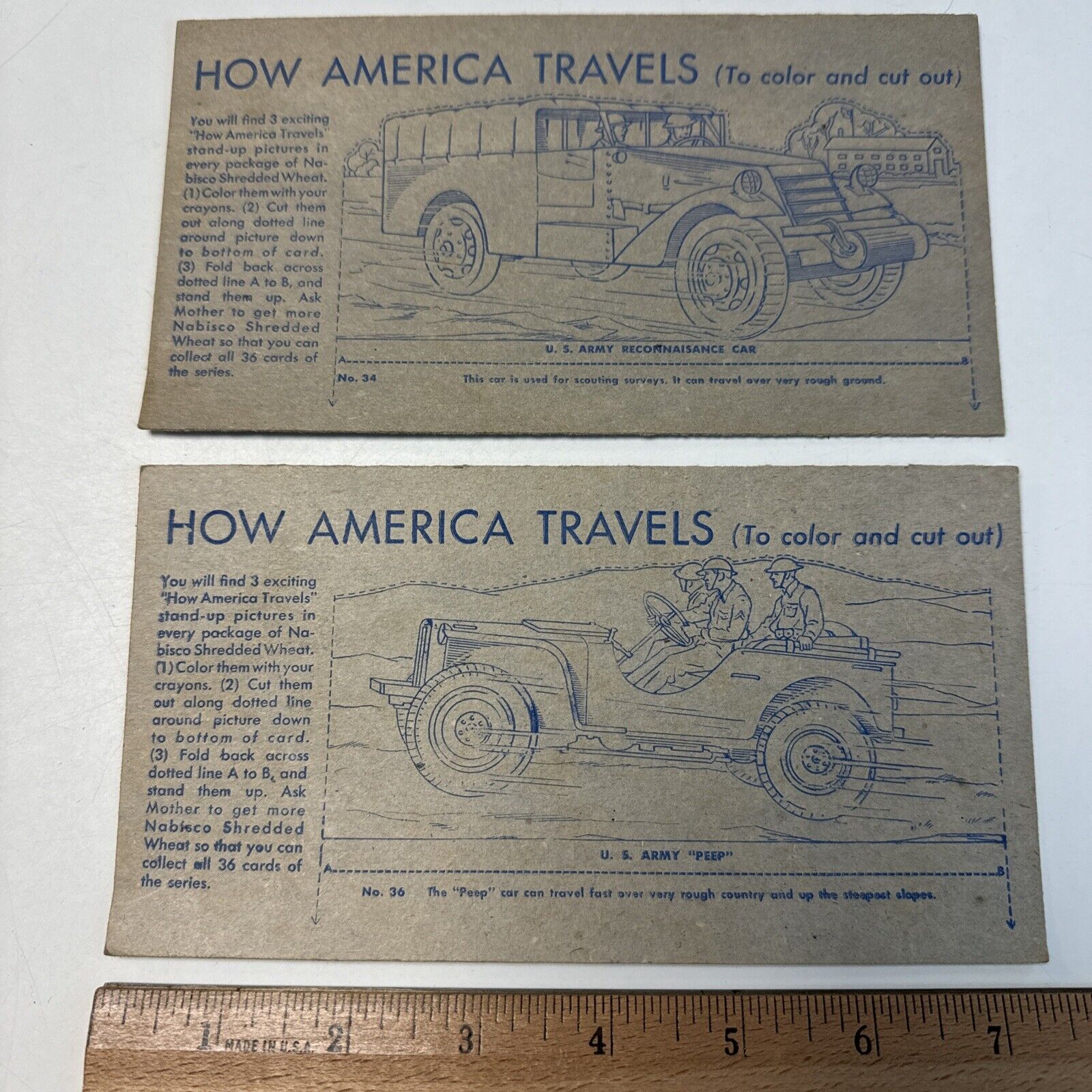 US Army Reconnaissance Car & Peep 1942 How America Travels 2 Nabisco Cards WWII