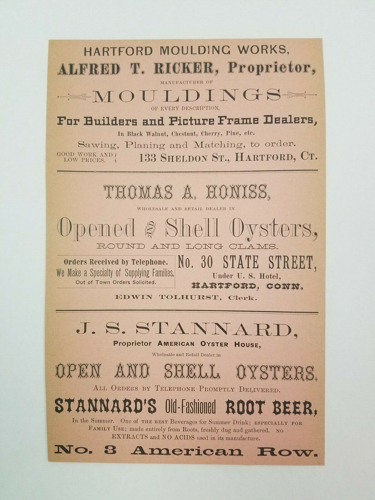 1886 Hartford Connecticut Advertisement Honiss Stannard Oysters Root Beer  