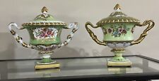 Vintage Chelsea House Pair of Porcelain Hand Painted Gilt Floral Mint Green Urns picture