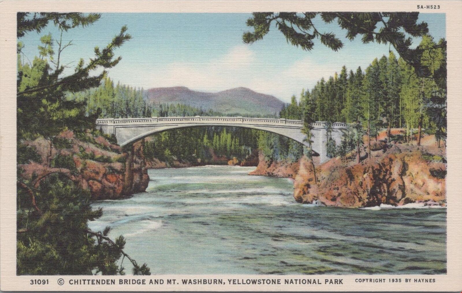 Postcard Chittenden Bridge + Mt Washburn Yellowstone National Park WY 