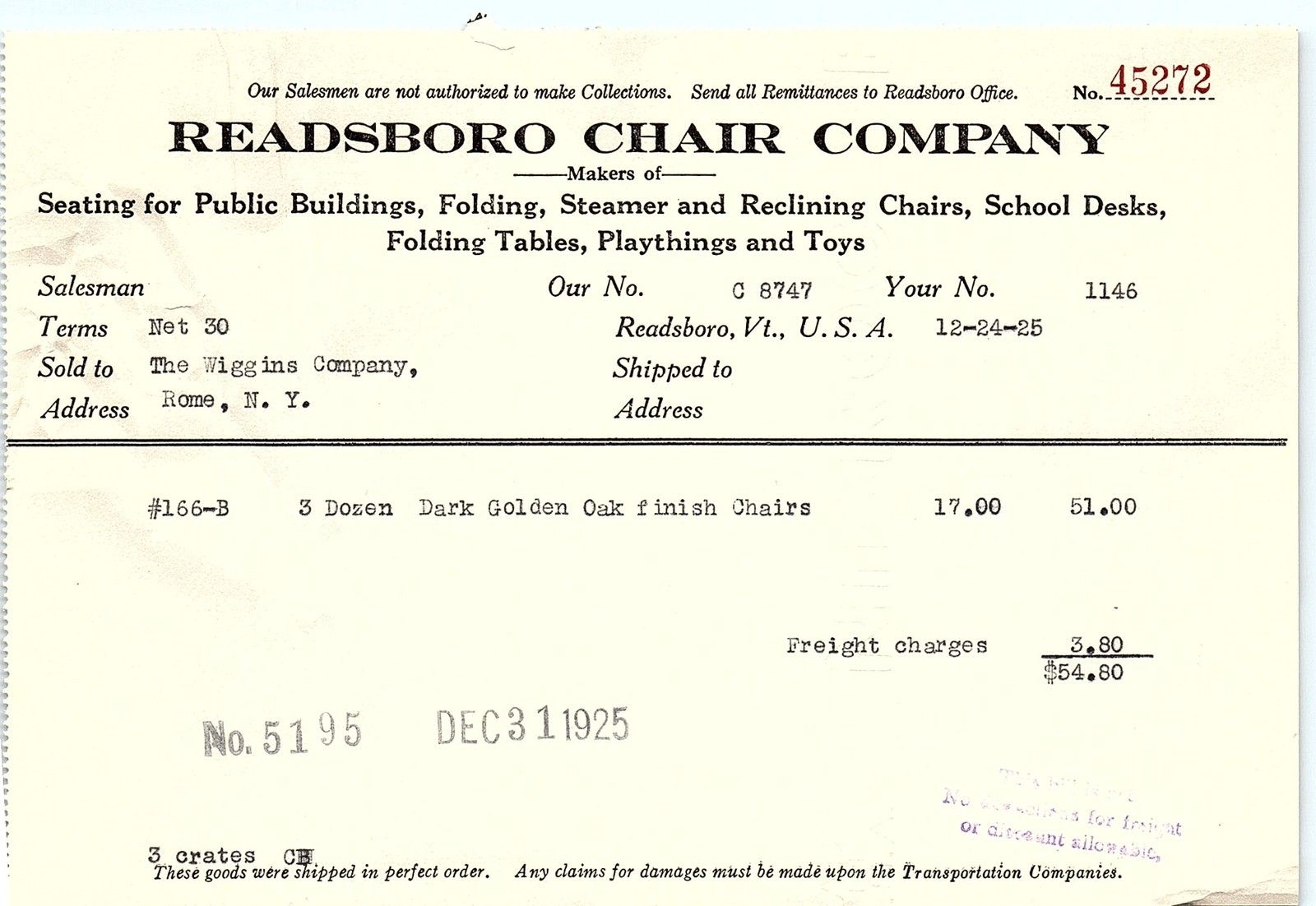 1925 Readsboro Chair Co. Billhead - 3 Doz. Golden Oak Chairs