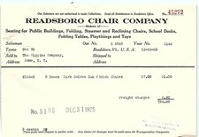 1925 Readsboro Chair Co. Billhead - 3 Doz. Golden Oak Chairs picture