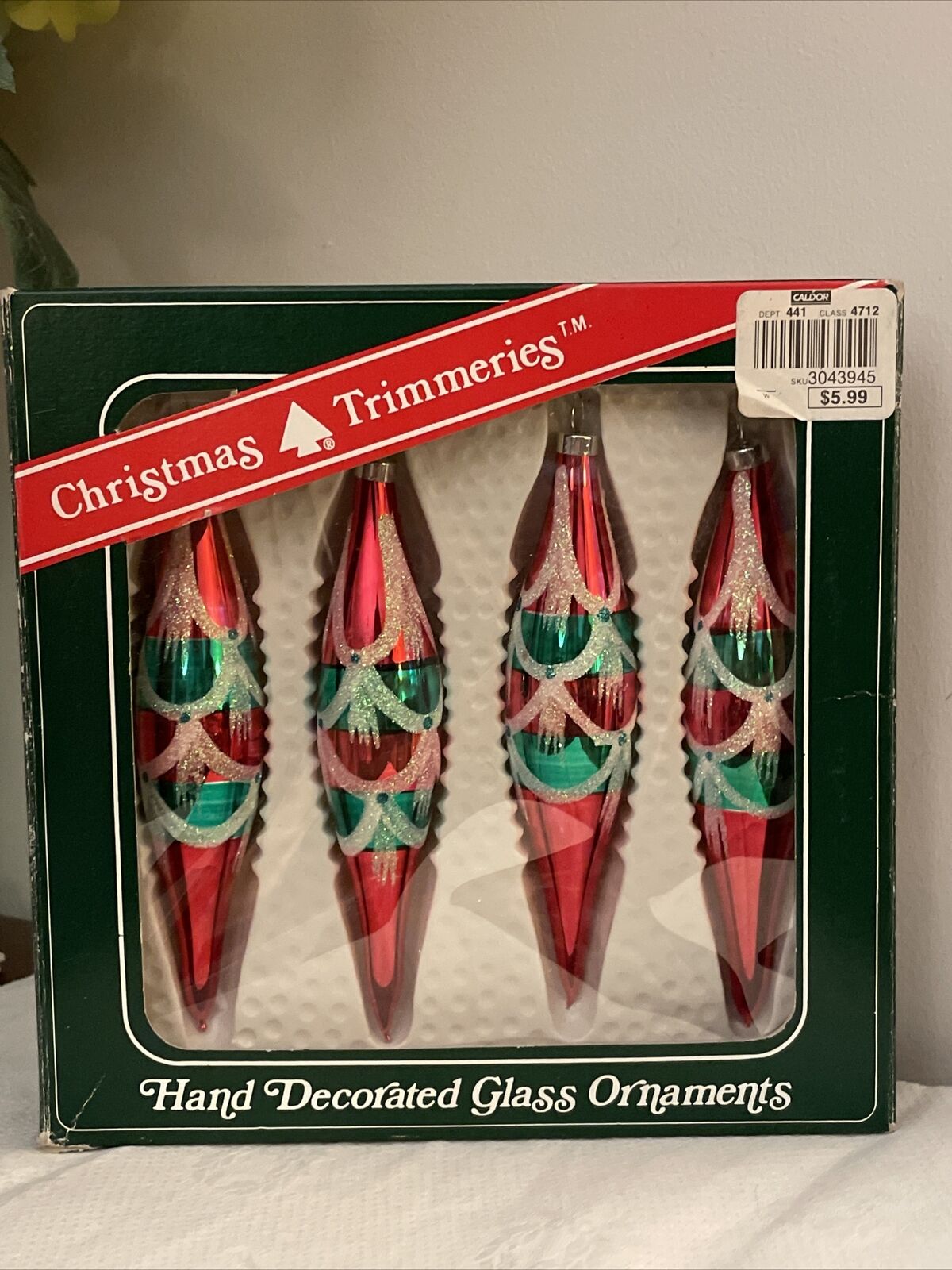 Vintage 4 Bradford Christmas Trimmeries Teardrop Icicles Glitter Glass Ornaments