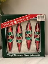 Vintage 4 Bradford Christmas Trimmeries Teardrop Icicles Glitter Glass Ornaments picture
