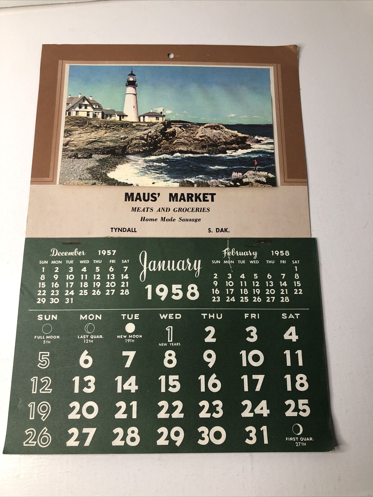 Vintage 1958 Maus\' Market Meats and Groceries Tyndall, South Dakota  Calendar #2