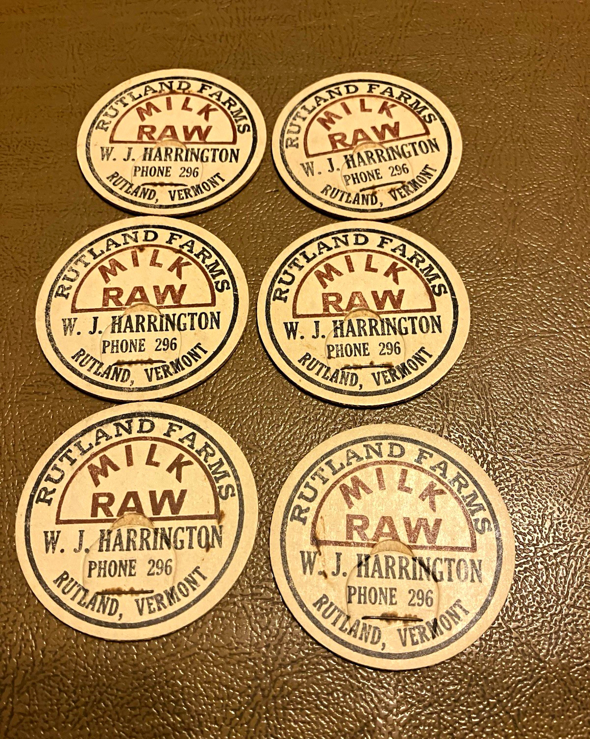 Rutland Farms Rutland, VT Raw Milk Bottle Caps W.J. Harrington Lot of 6 Rutland Farms Rutland, VT Raw Milk Bottle Caps W.J. Harrington Lot of 6