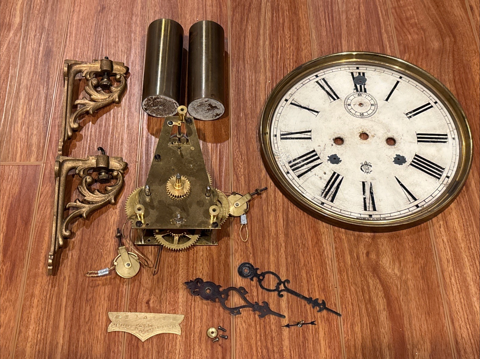 Waterbury Weight Driven Regulator Clock Movement, Dial, Hands, And Bracket