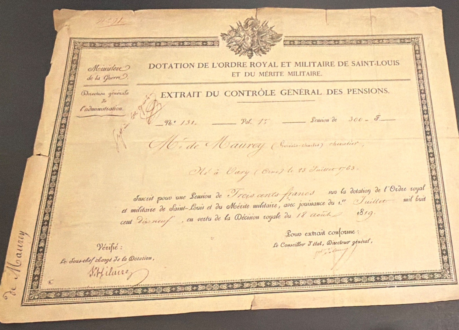 1819 French Military Document King Louis XVIII Pension Order Saint-Louis Orne 1819 French Military Document King Louis XVIII Pension Order Saint-Louis Orne