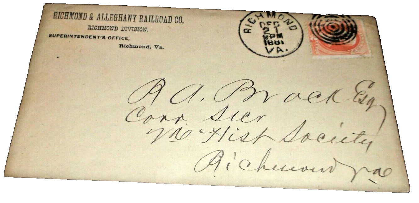 DECEMBER 1881 RICHMOND & ALLEGHANY RAILROAD C&O  COMPANY ENVELOPE 
