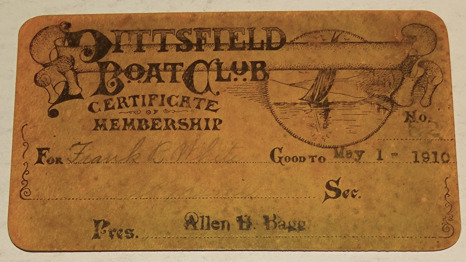 1909 Pittsfield Boat Club Membership Card, Frank B White Allen Bagg Mayor 1909 Pittsfield Boat Club Membership Card, Frank B White Allen Bagg Mayor