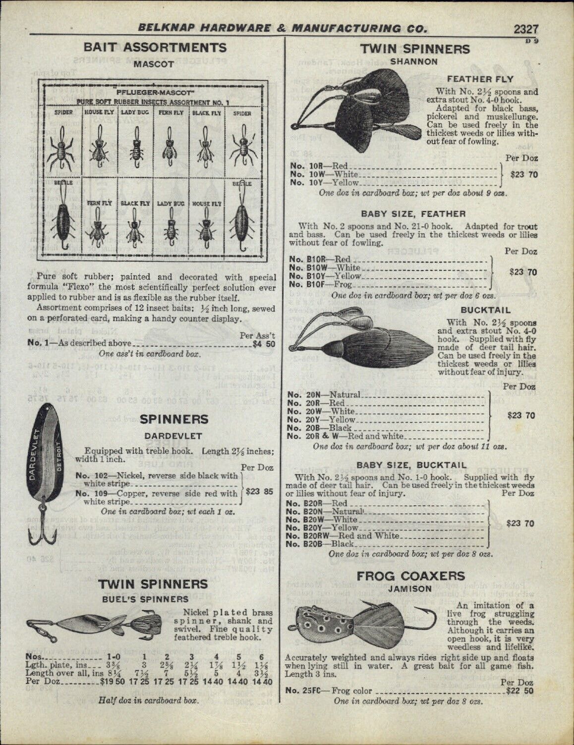 1930 PAPER AD Fishing Lure Jamison Frog Coaxer Buel's Twin Spinner Pflueger 