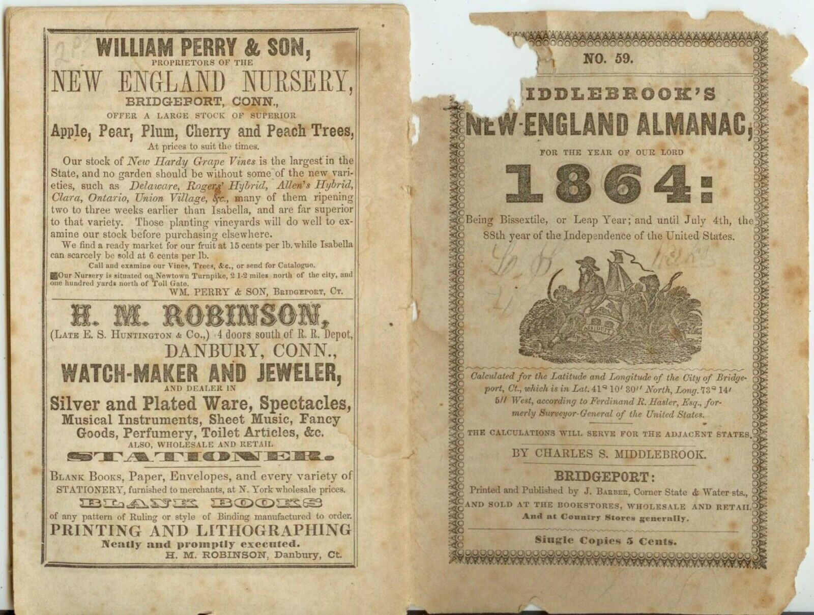 1864 New England Almanac with 1860 slave population - Kansas counting 2